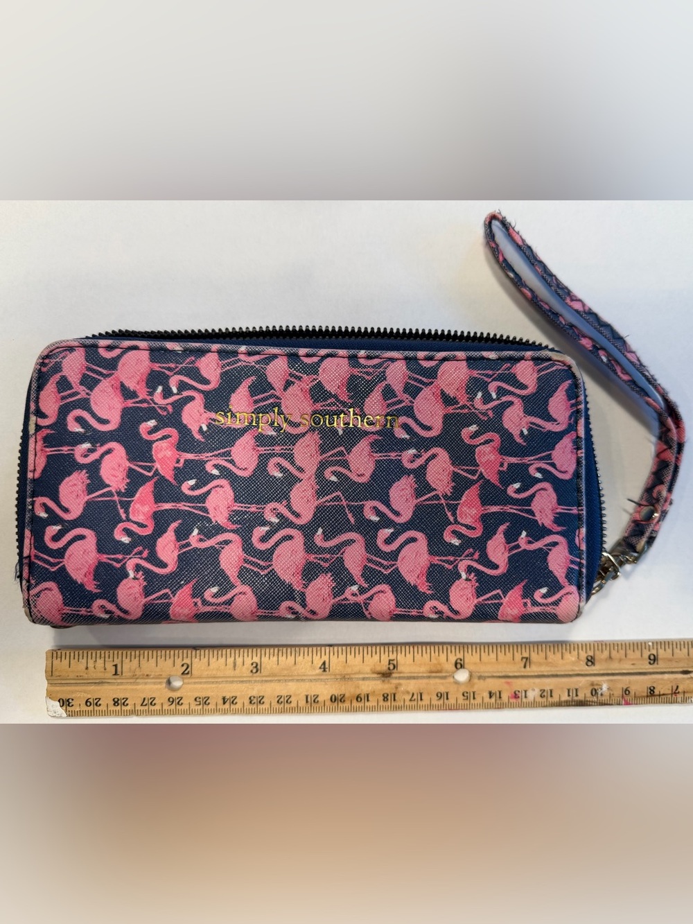 Simply Southern Navy & Pink Flamingo Zip Wristlet 8"x 4"